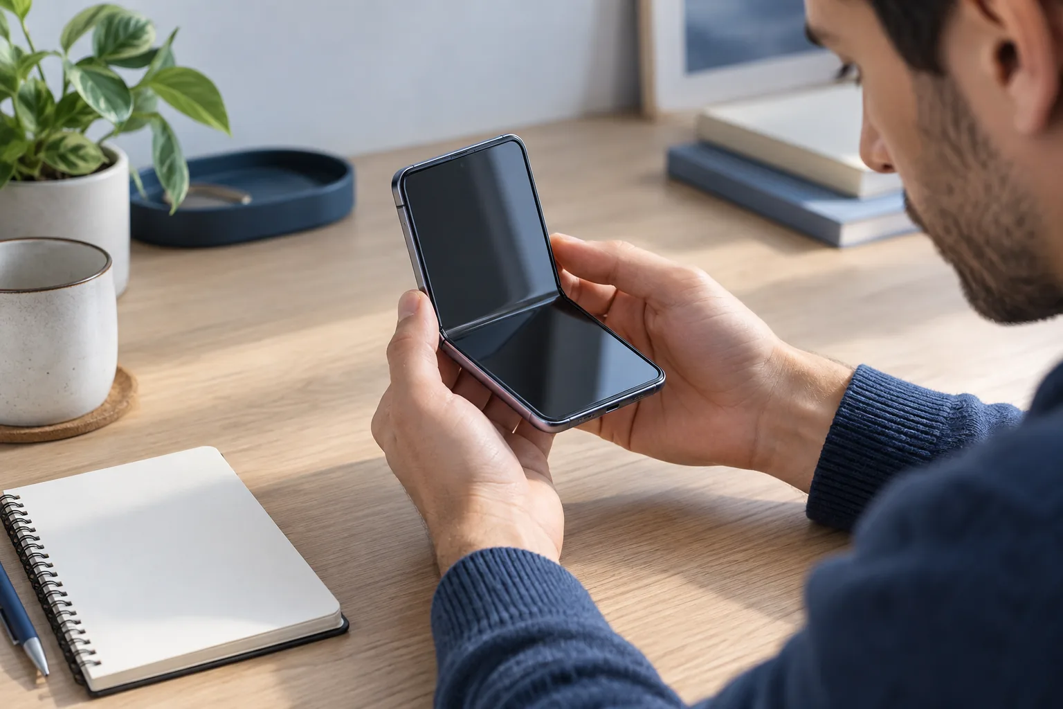 Personne examinant la charnière et l'écran intérieur d'un téléphone pliable sur un bureau