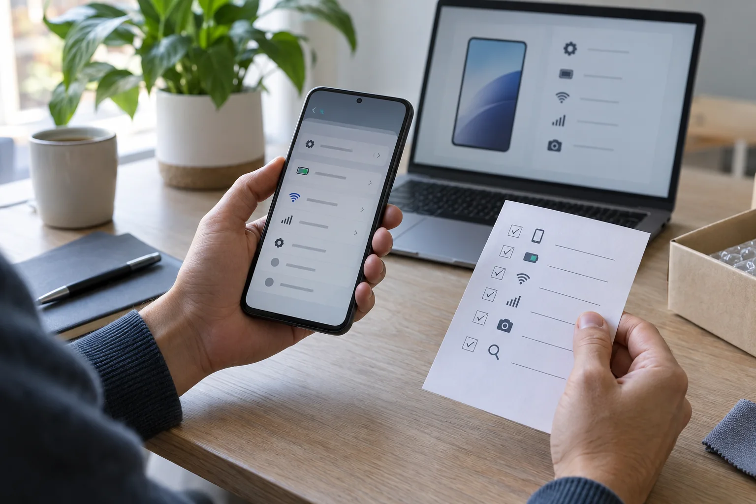 Personne vérifiant un smartphone avec une liste de contrôle devant un ordinateur