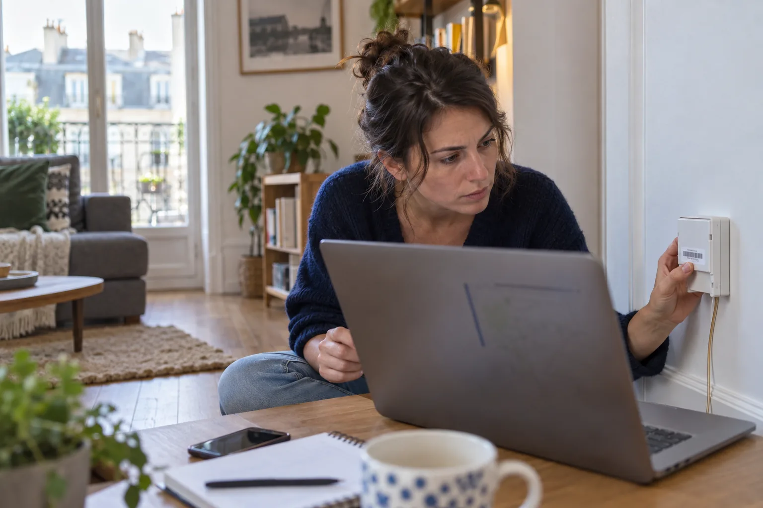Habitante verifiant une prise fibre et l adresse de son logement