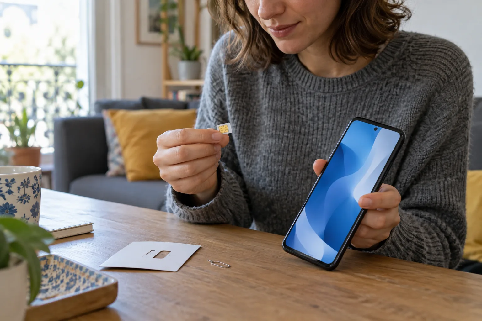 Personne vérifiant la carte SIM et le réseau de son téléphone à la maison
