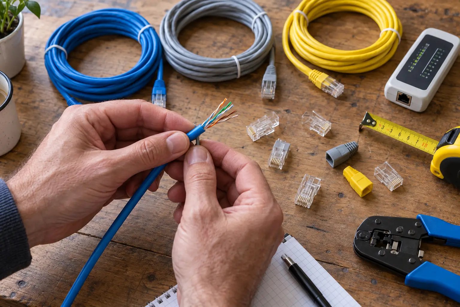 Comparaison de plusieurs câbles et connecteurs Ethernet sur un établi