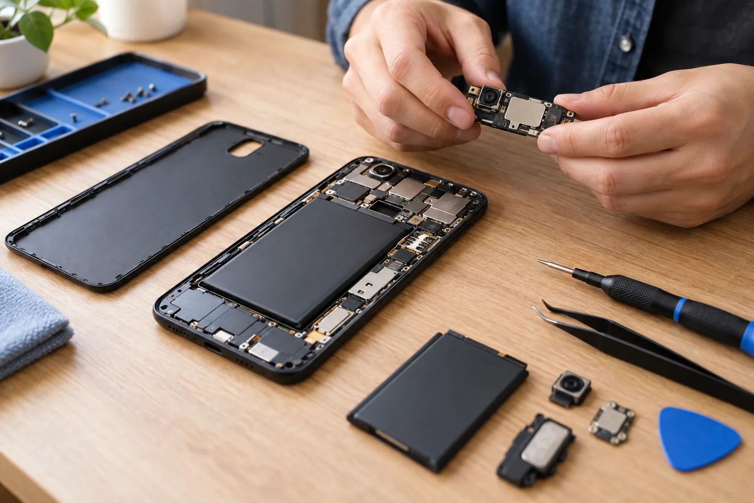 Téléphone ouvert sur un établi avec batterie et composants de remplacement organisés