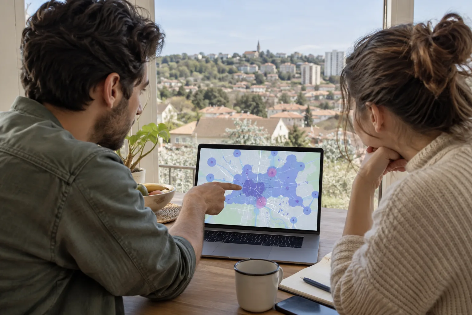 Personnes comparant une carte de couverture mobile sur ordinateur près d'une fenêtre