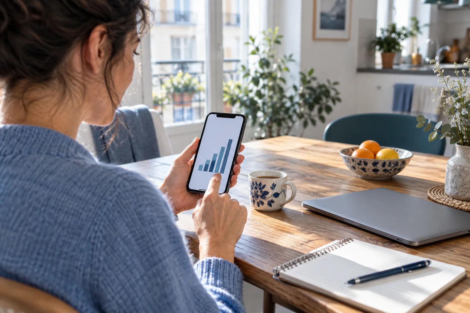 Personne consultant un graphique de consommation sur son smartphone