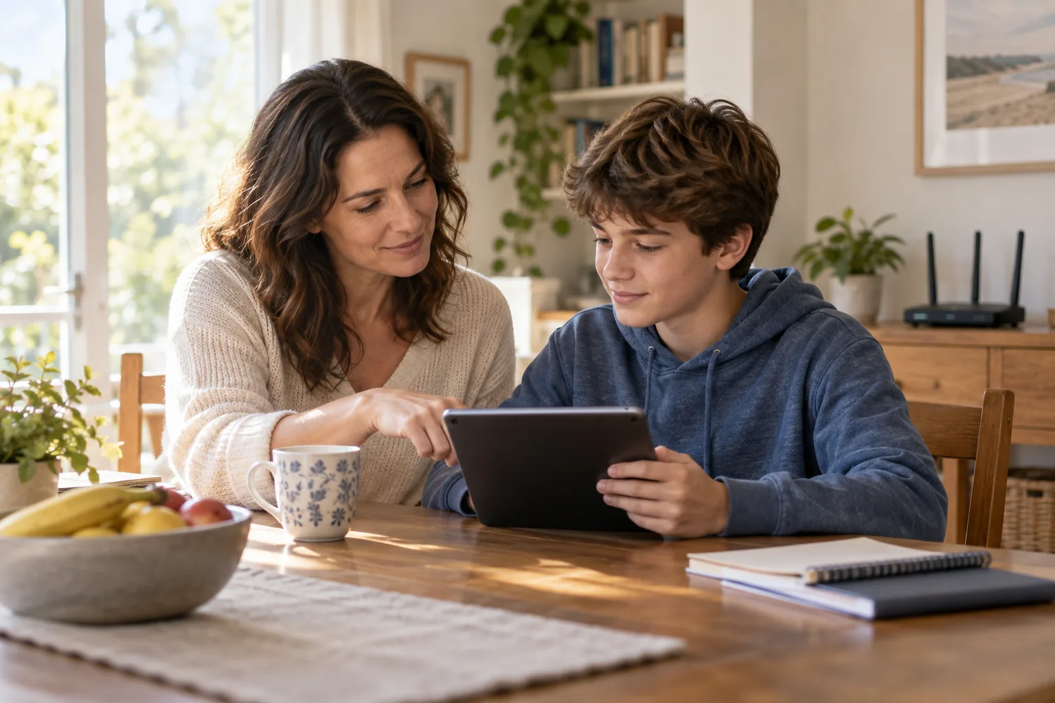 Parent et adolescent réglant ensemble un contrôle parental sur une tablette