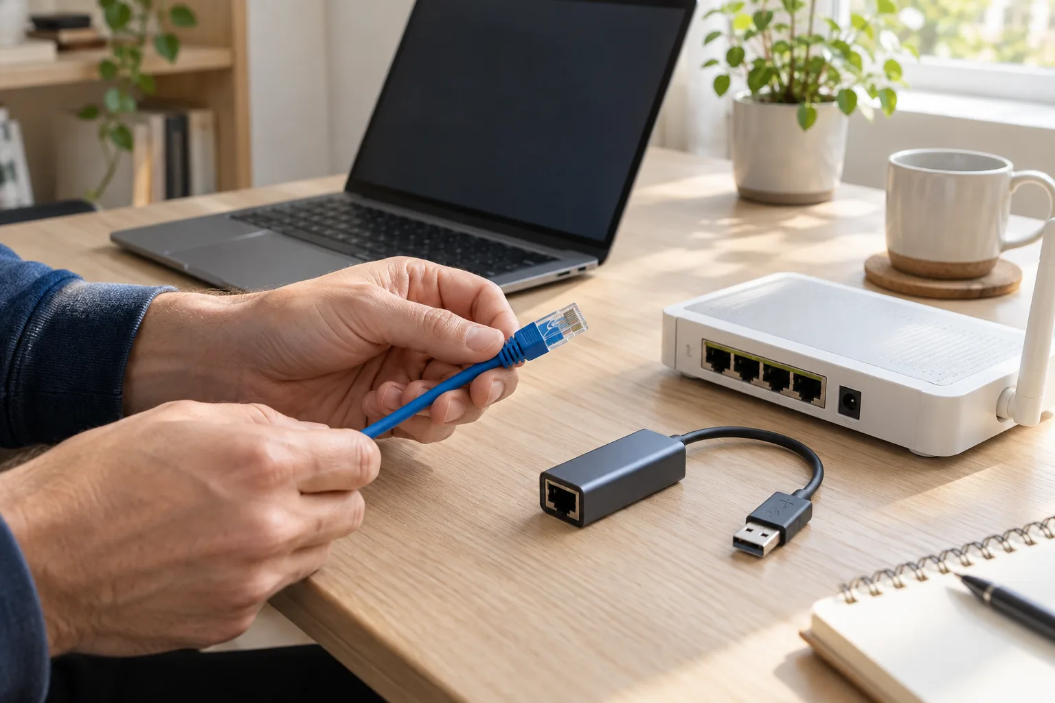 Mains vérifiant un câble Ethernet entre un ordinateur, un adaptateur USB et une box