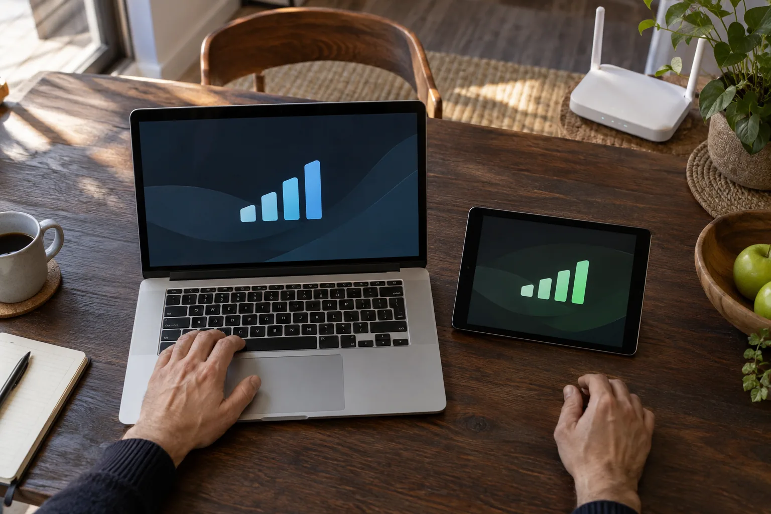 Ordinateur et tablette affichant des indicateurs réseau sur une table