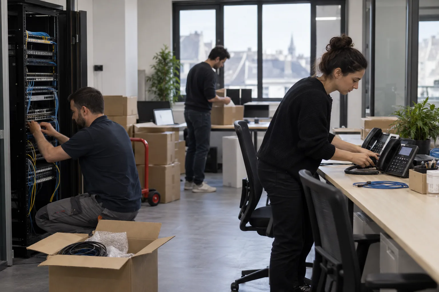 Équipe installant les équipements Internet et VoIP dans un nouveau bureau