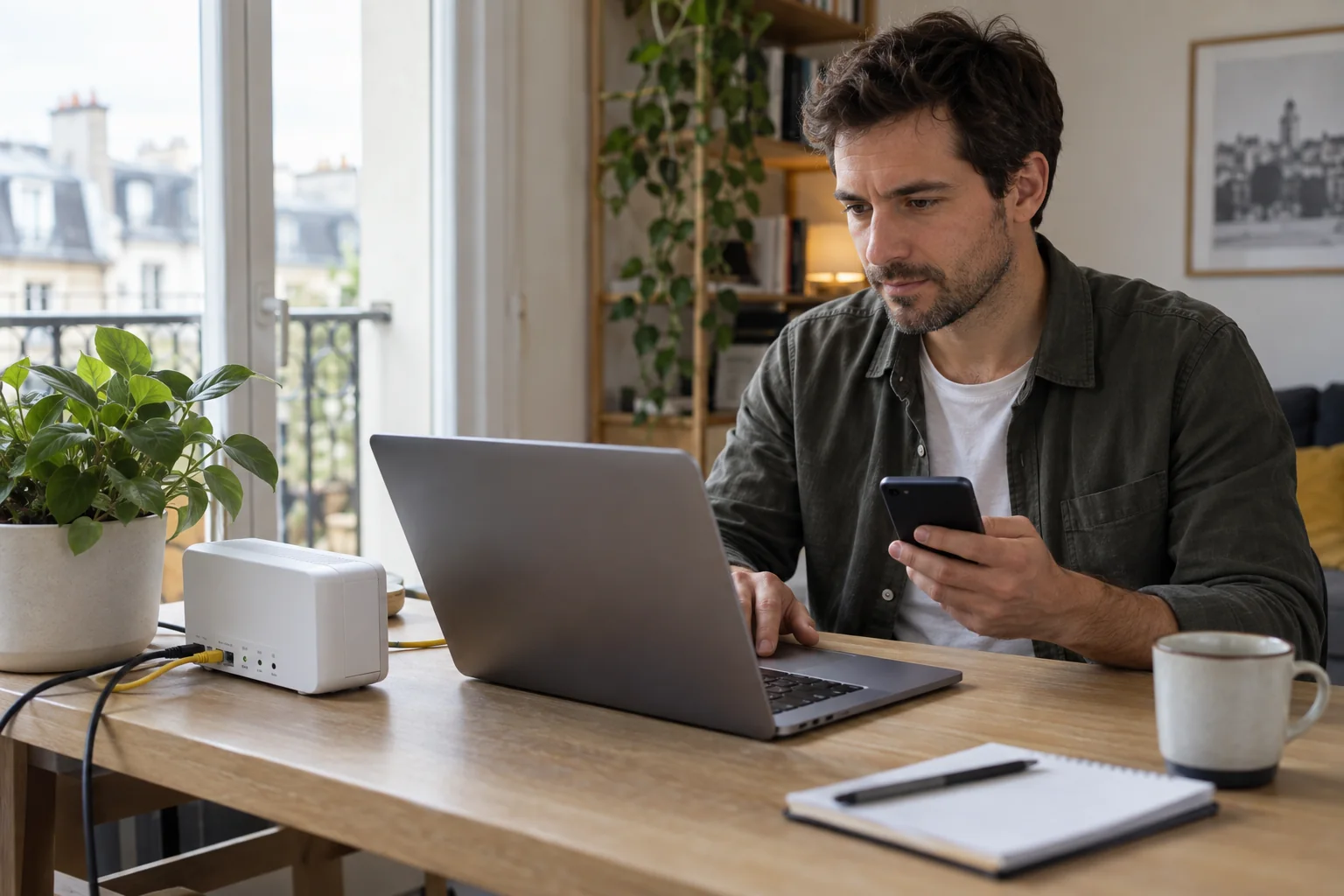 Personne comparant la connexion d’un ordinateur, d’une box fibre et d’un smartphone