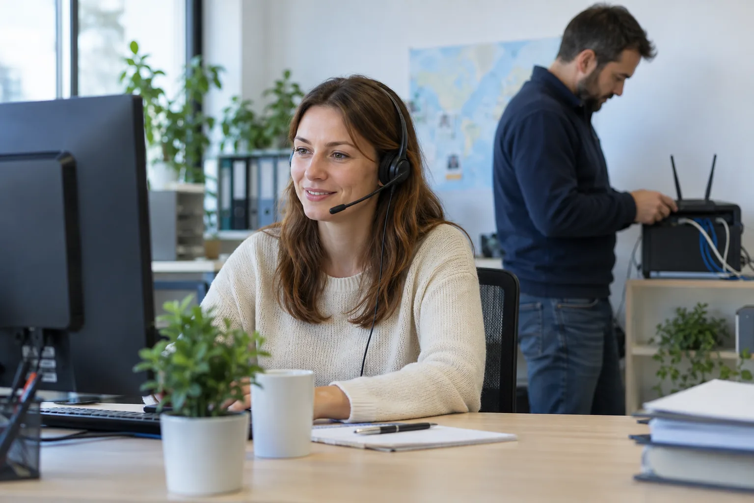 Collaboratrice et technicien vérifiant un appel VoIP au bureau