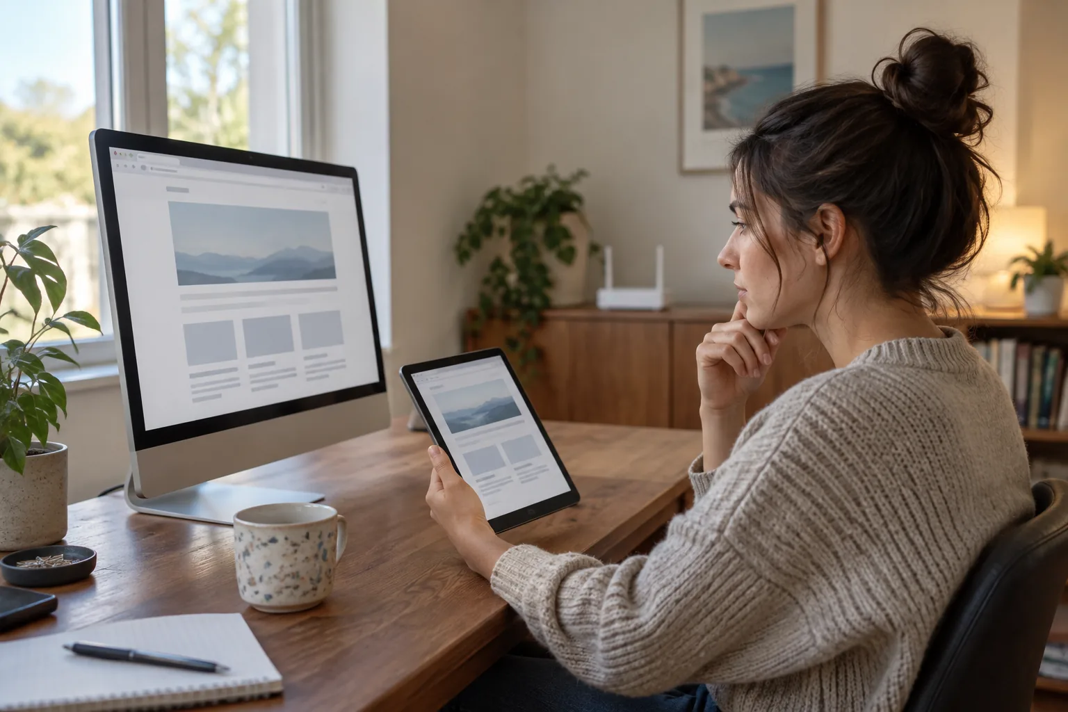 Personne comparant l’accès à des sites sur un ordinateur et une tablette