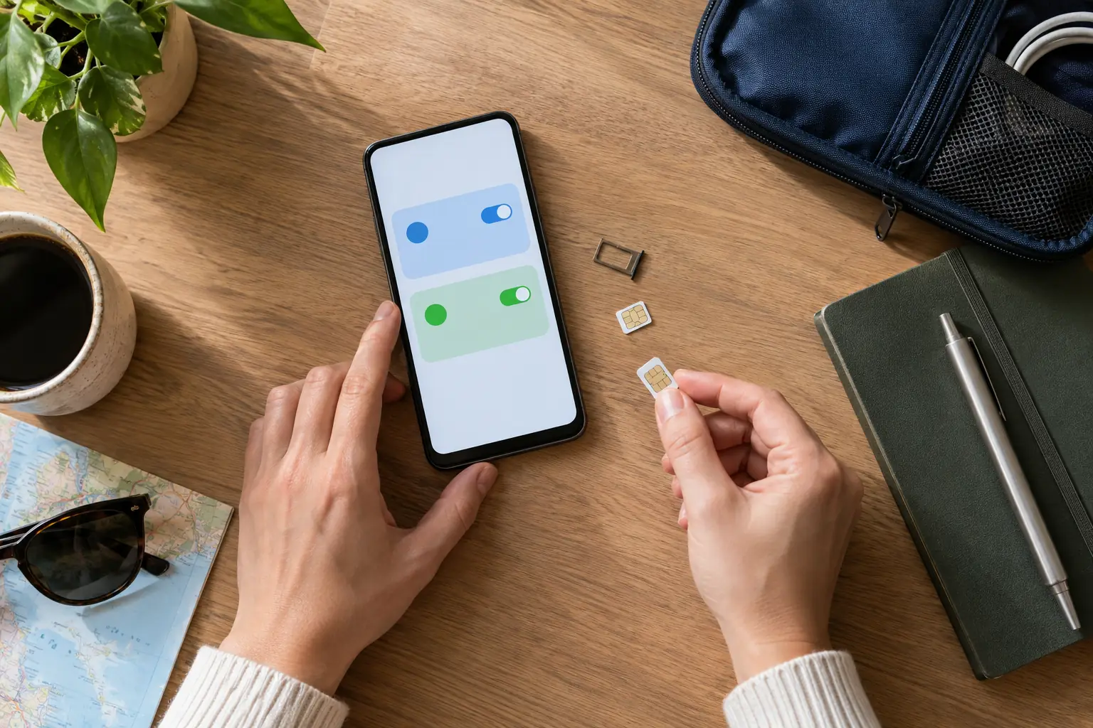 Personne préparant deux lignes mobiles sur un smartphone près d’un tiroir SIM