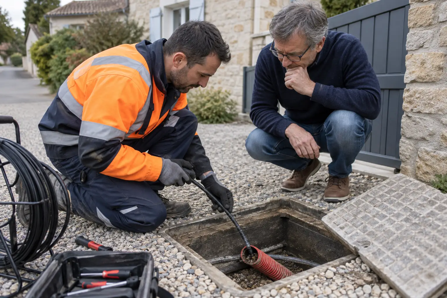 Technicien et propriétaire examinant un regard de fibre devant une maison