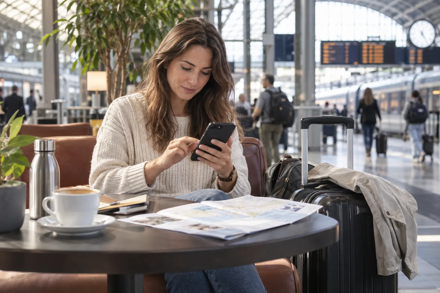 Voyageuse preparant une eSIM sur son telephone avant un depart en train