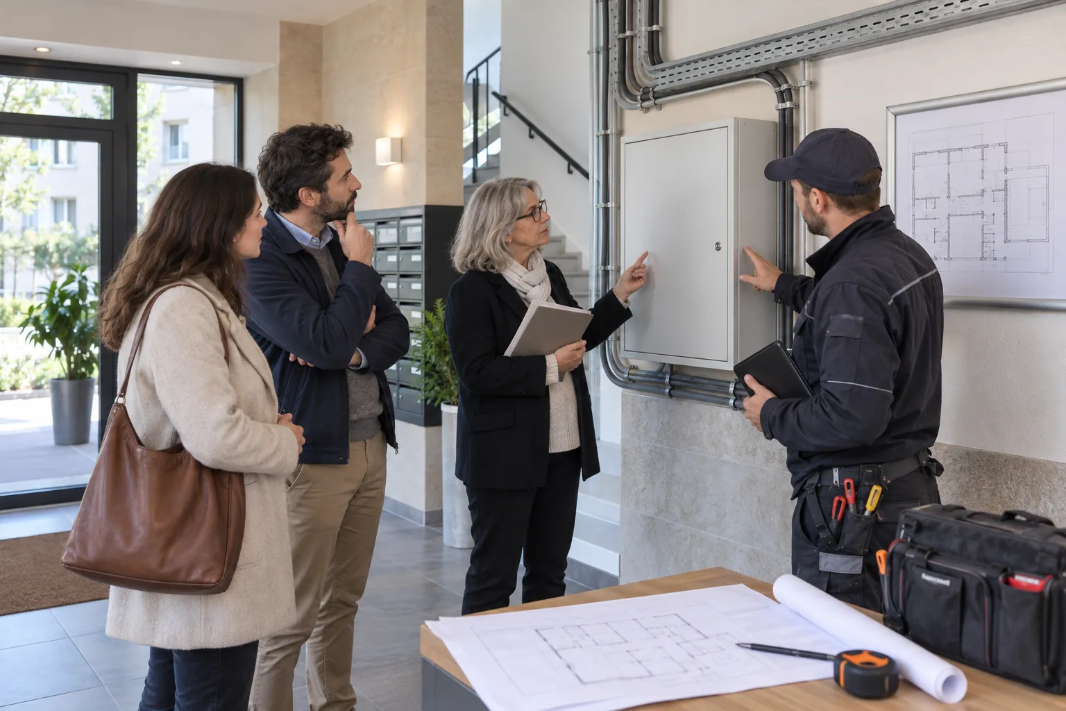 Résidents, syndic et technicien examinant l’armoire fibre d’un immeuble