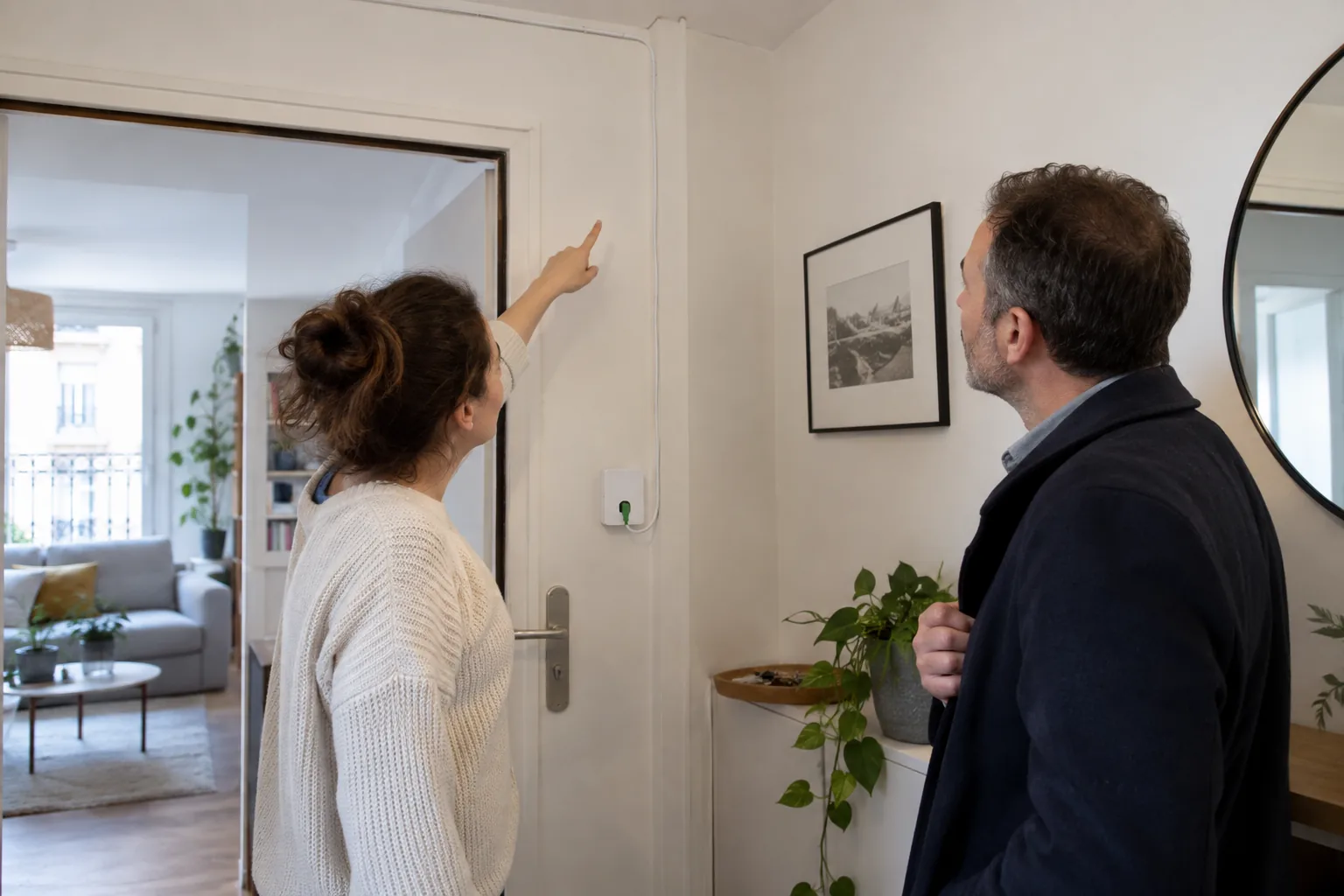 Locataire et propriétaire discutant du passage de la fibre dans un appartement