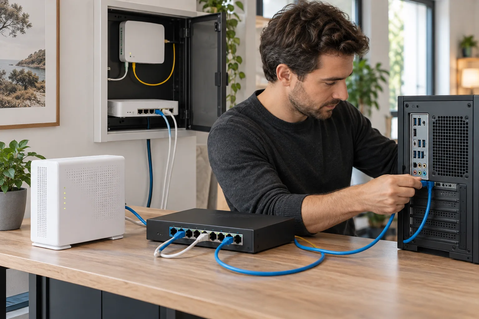 Personne raccordant un ordinateur à un commutateur Ethernet 2,5 gigabits