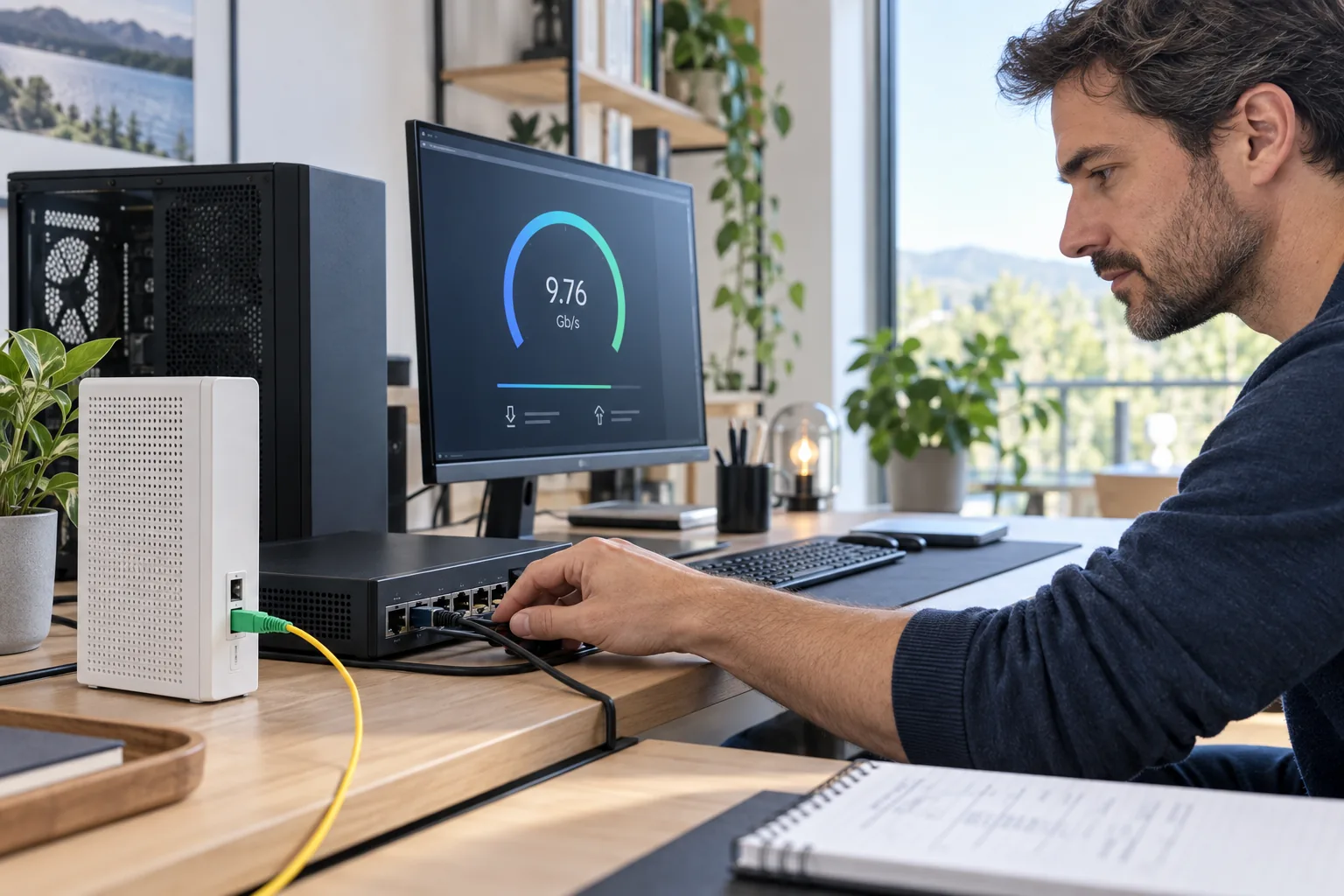Installation fibre 10G avec terminal optique, commutateur et ordinateur