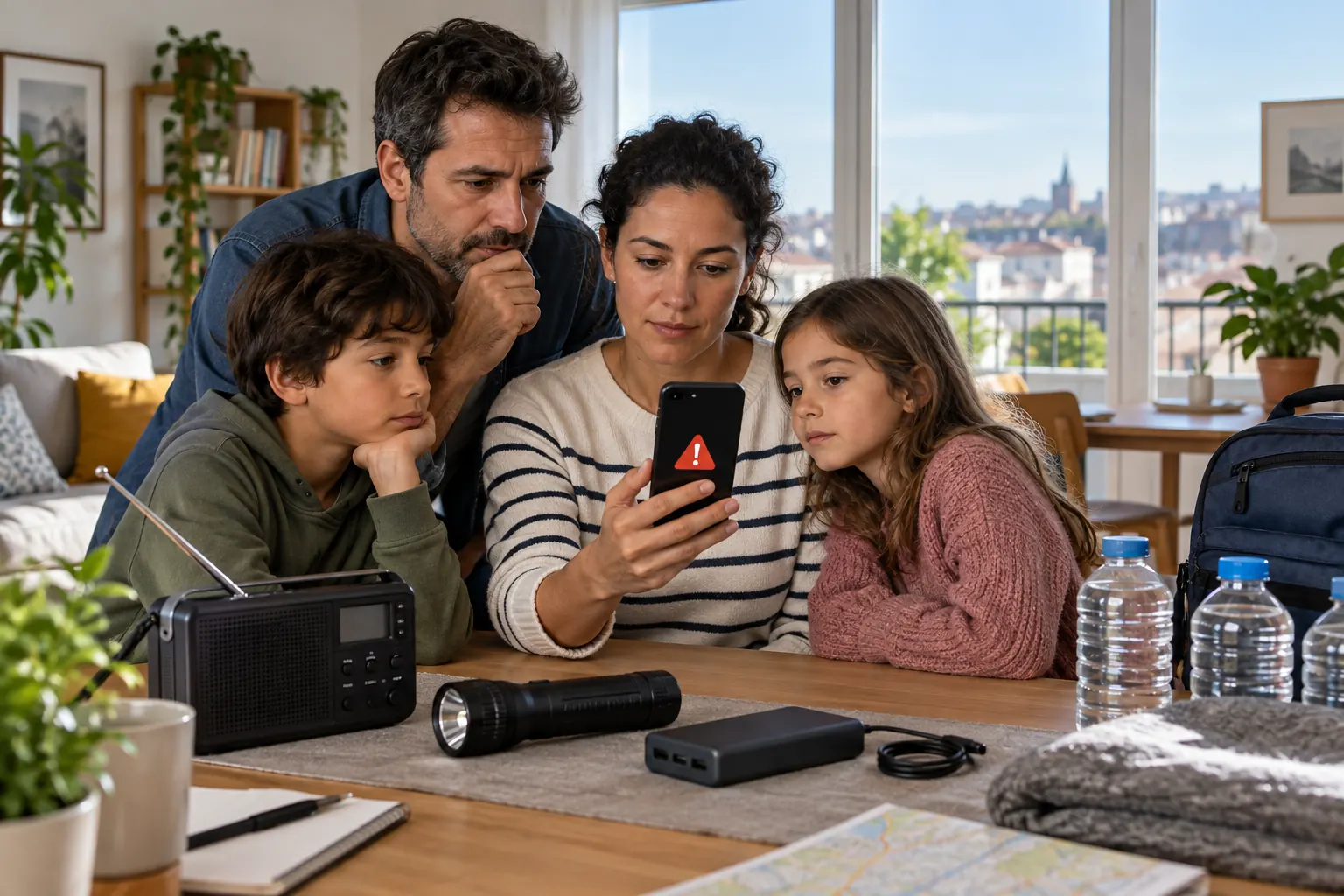 Famille consultant une alerte mobile près d’une radio et d’une lampe de secours