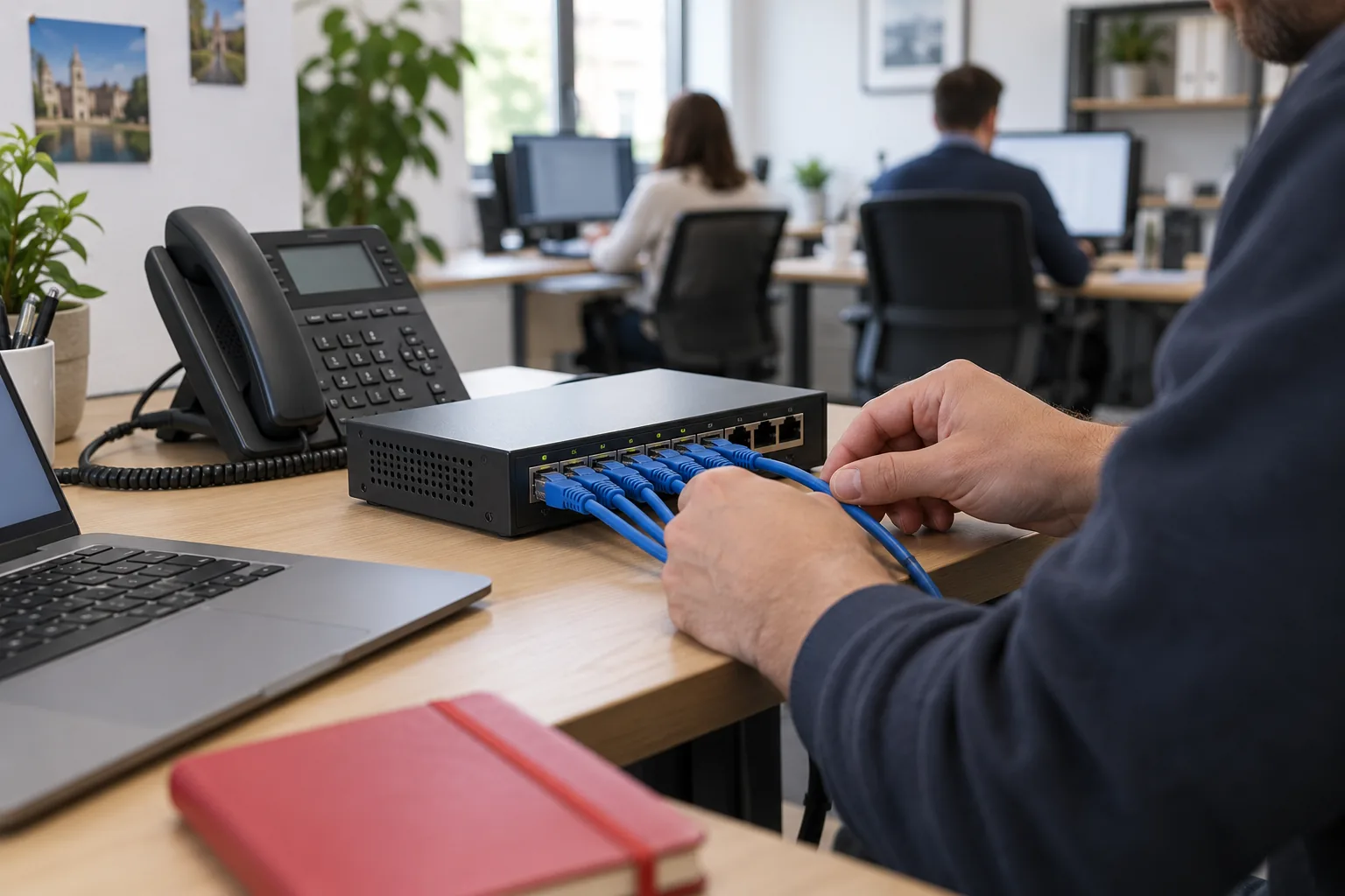 Professionnel vérifiant un petit réseau de bureau avec ordinateur, switch et téléphone