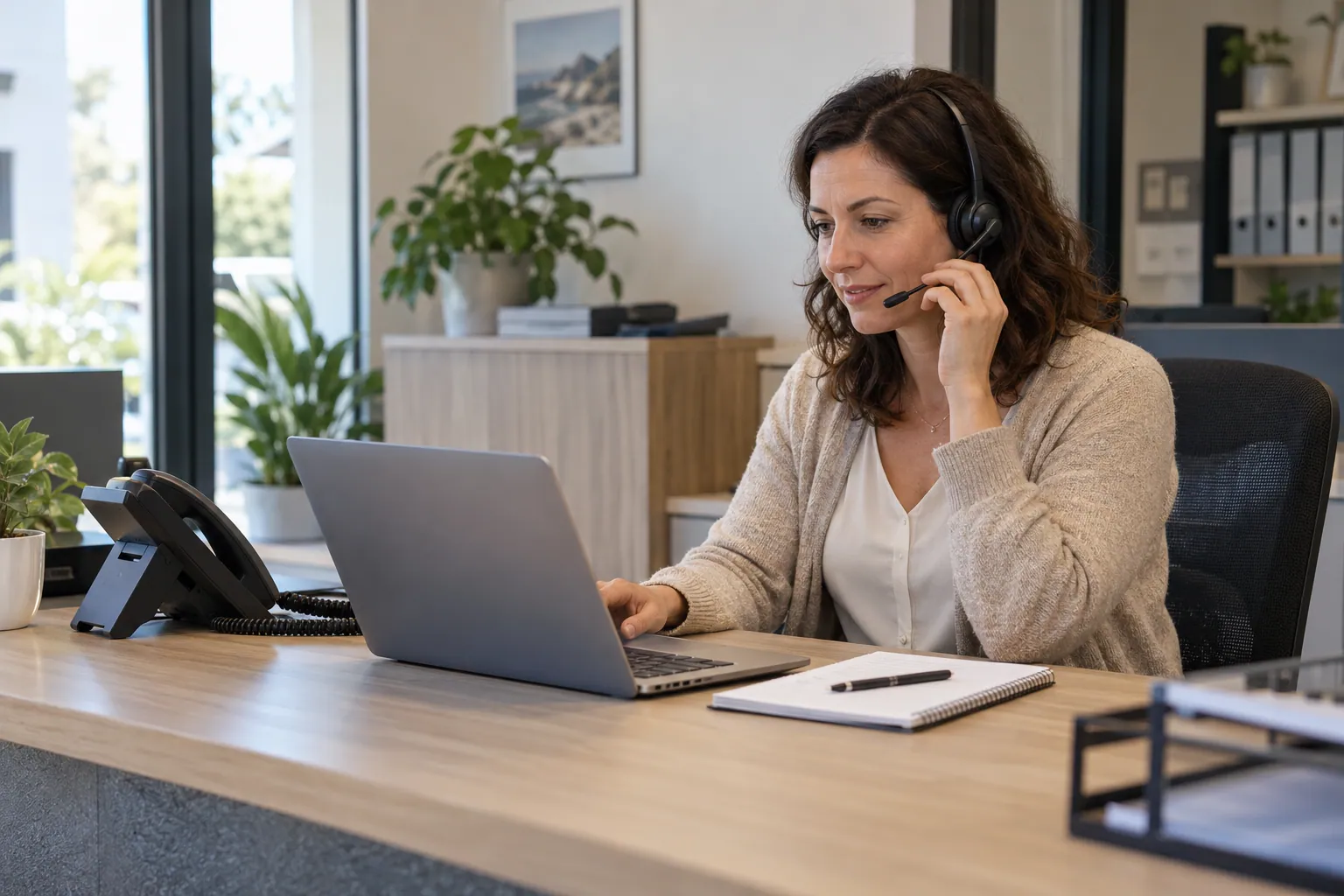 Illustration photoréaliste : personne utilisant un casque téléphonique à son bureau près d’un téléphone IP