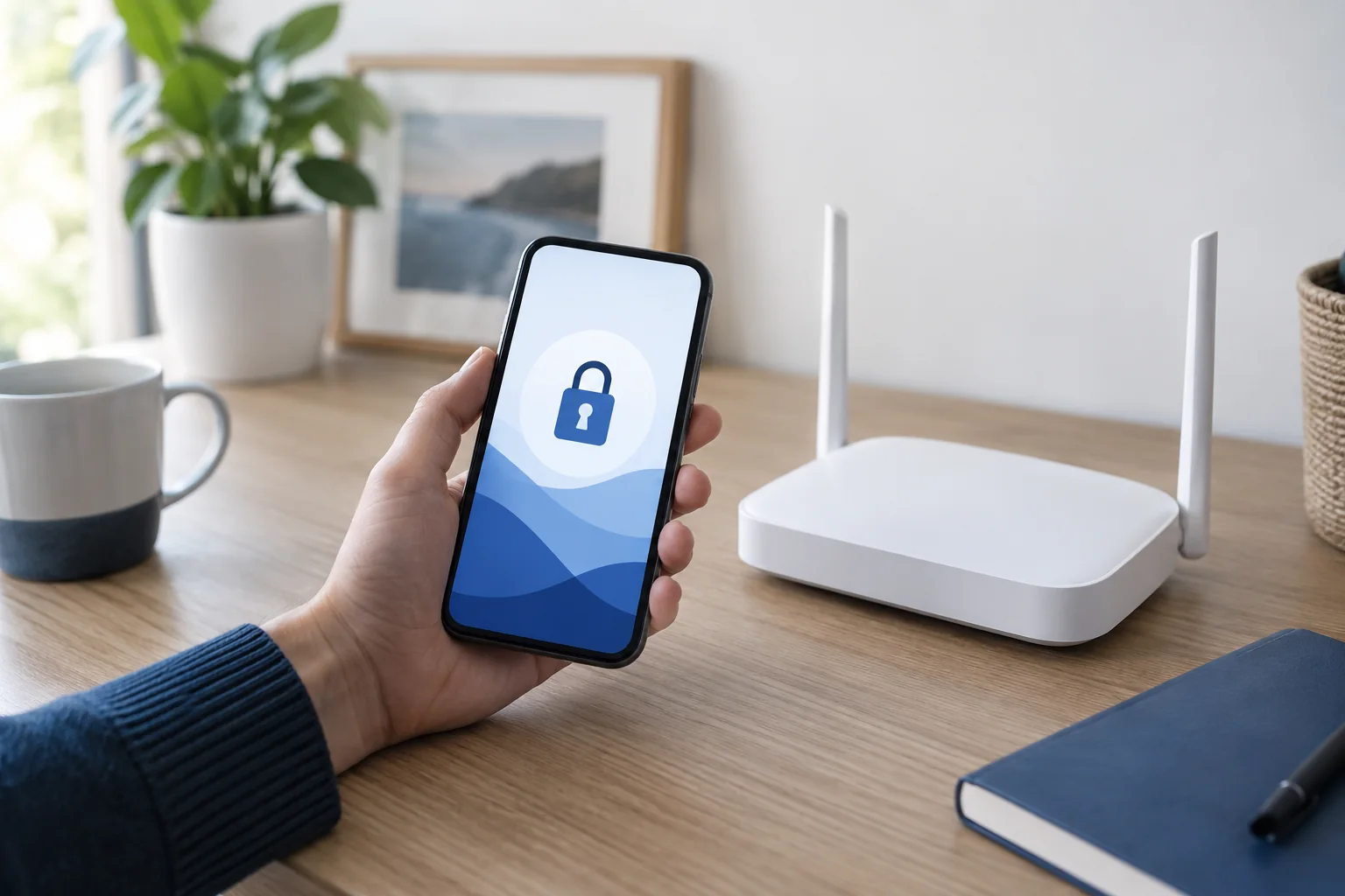 Smartphone et routeur Wi-Fi sur un bureau