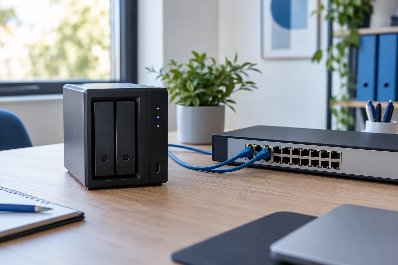 NAS et commutateur réseau sur une étagère de bureau