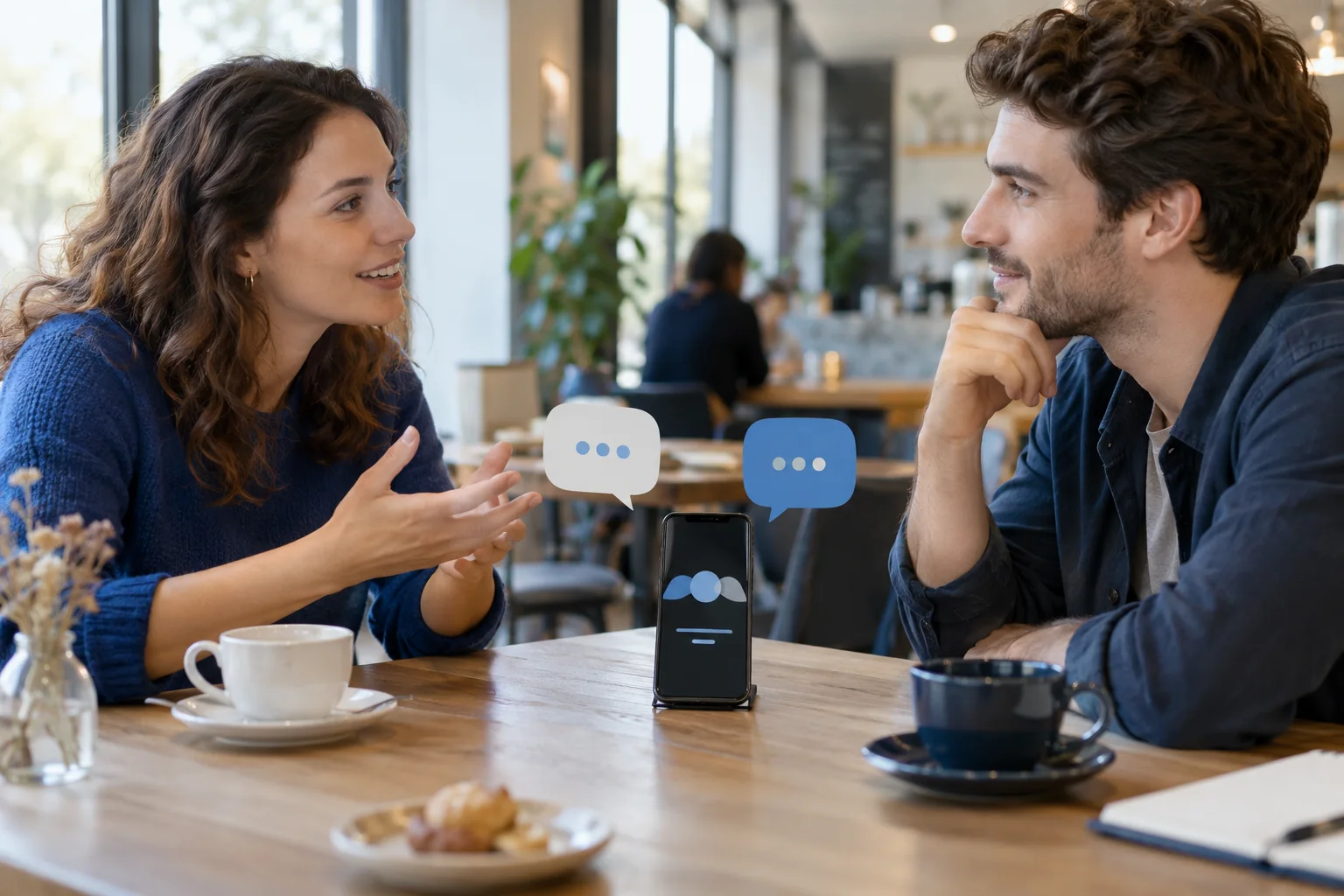 Deux personnes utilisant un smartphone pendant une conversation