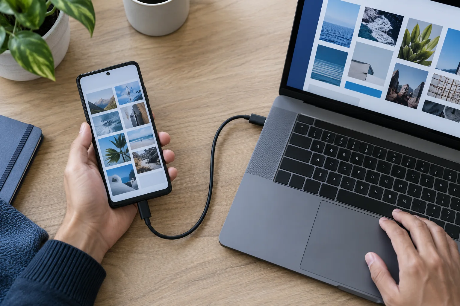 Téléphone relié par USB-C à un ordinateur pour transférer des fichiers