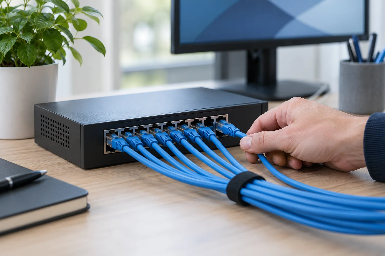 Commutateur réseau et câbles Ethernet en cours de vérification
