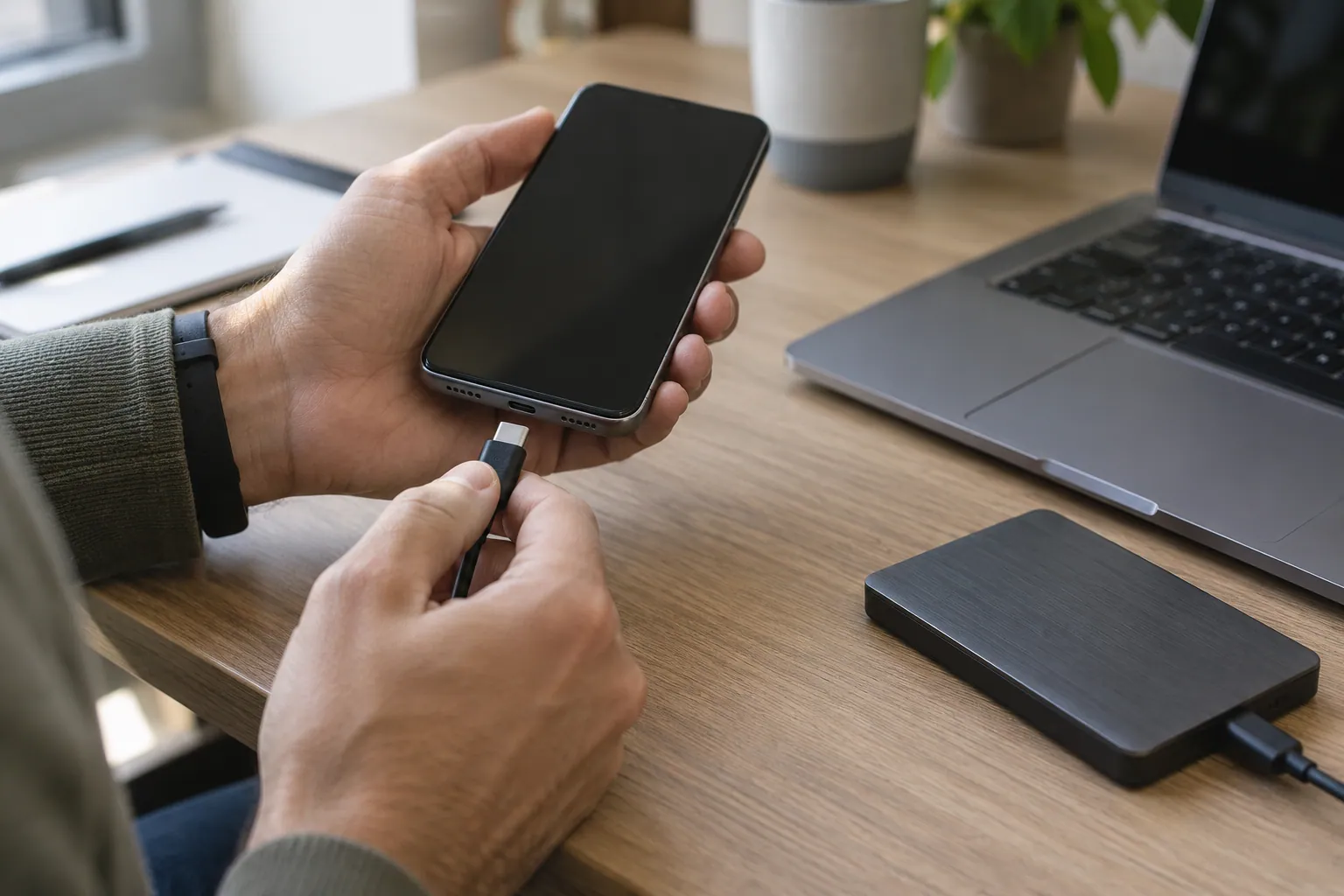Illustration photoréaliste : branchement d’un câble USB-C à un smartphone près d’un ordinateur