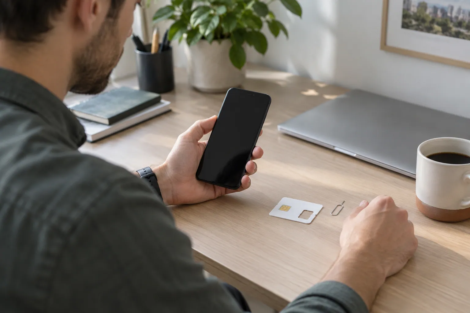 Illustration photoréaliste : smartphone, support de carte SIM et outil d’éjection sur un bureau