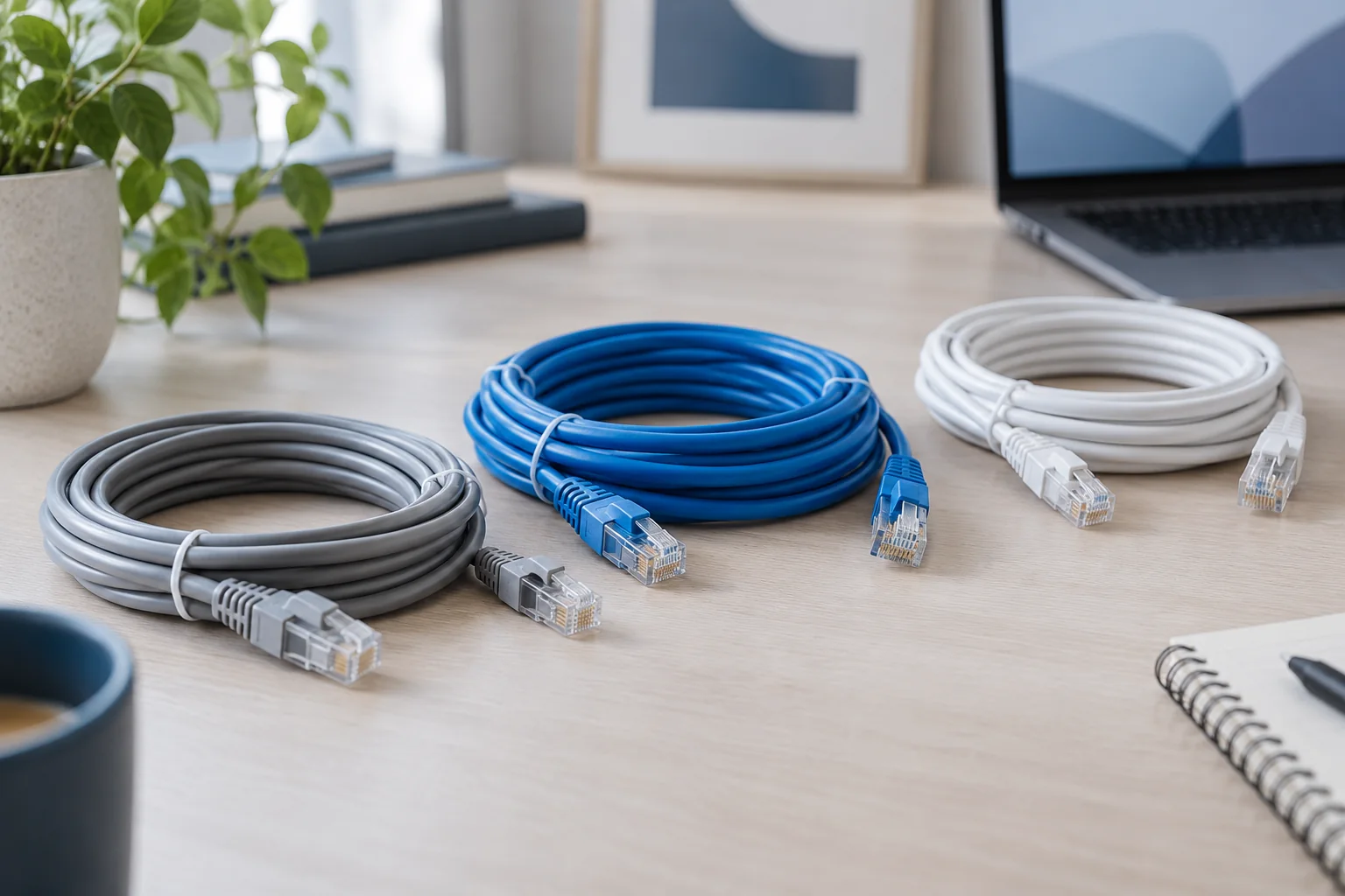 Câbles Ethernet et connecteurs RJ45 sur un bureau