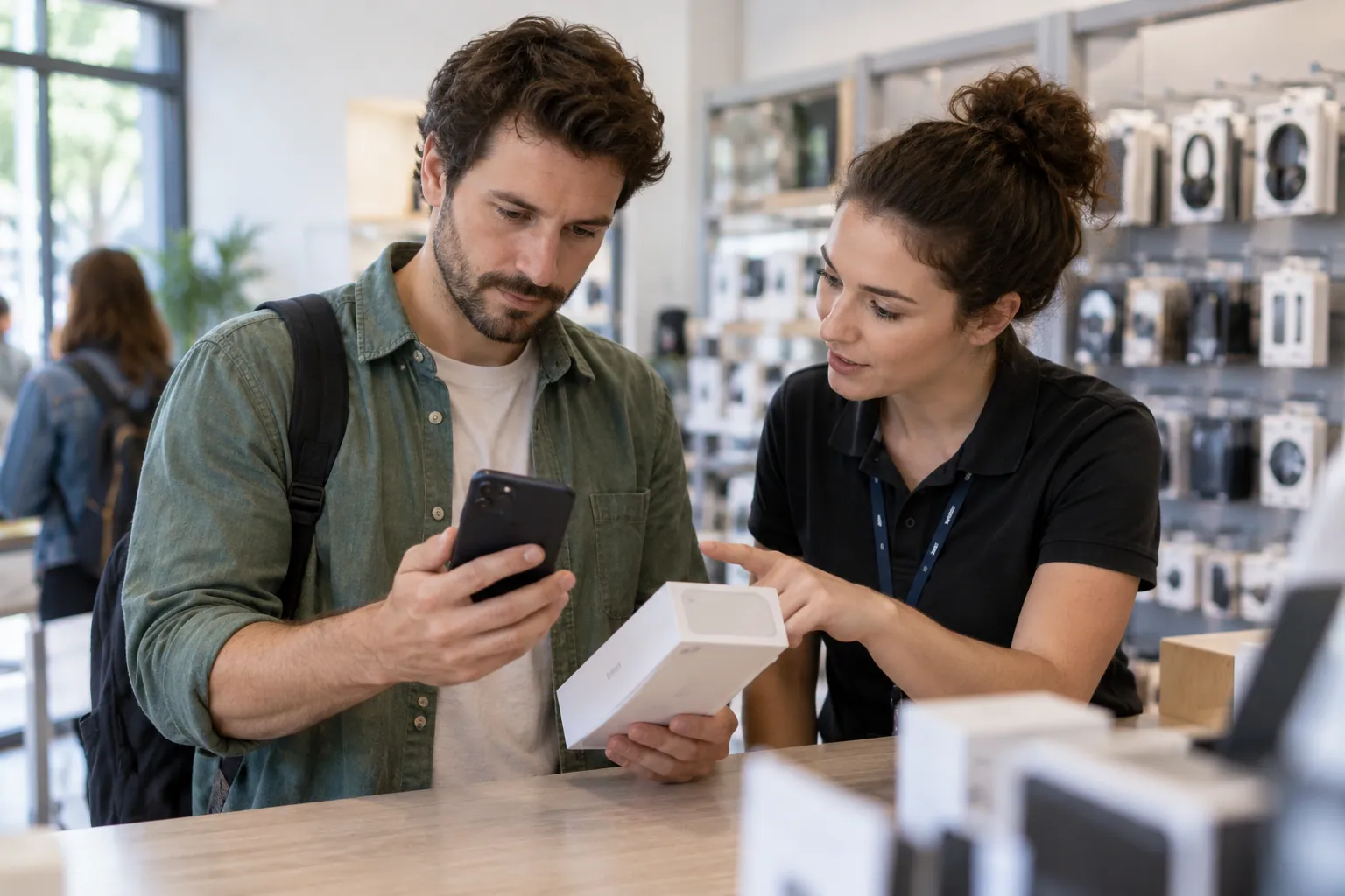 Illustration photoréaliste : personne comparant un smartphone et sa documentation dans un magasin d’électronique