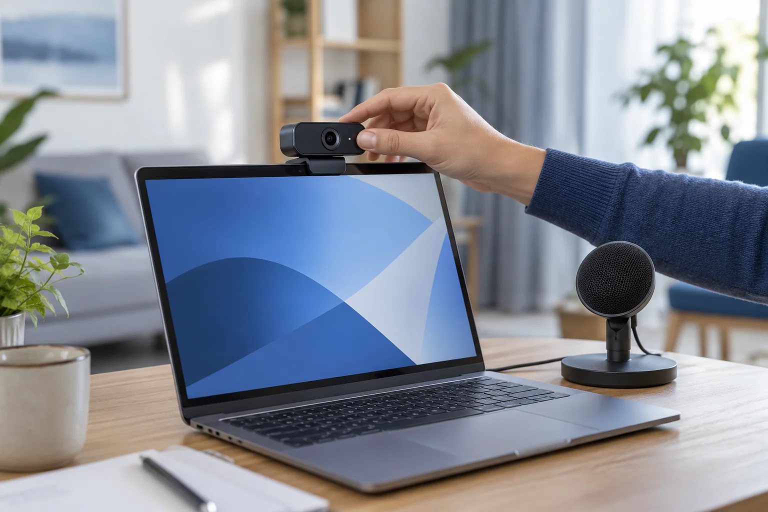 Personne réglant une webcam pour une visioconférence