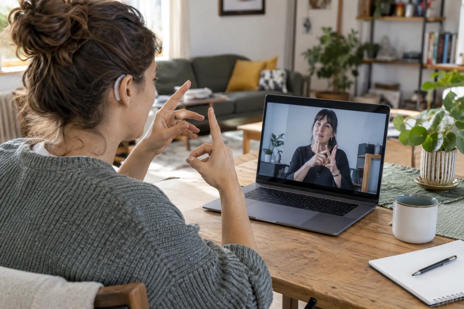 Illustration photoréaliste : adulte utilisant une communication vidéo avec un interprète en langue des signes