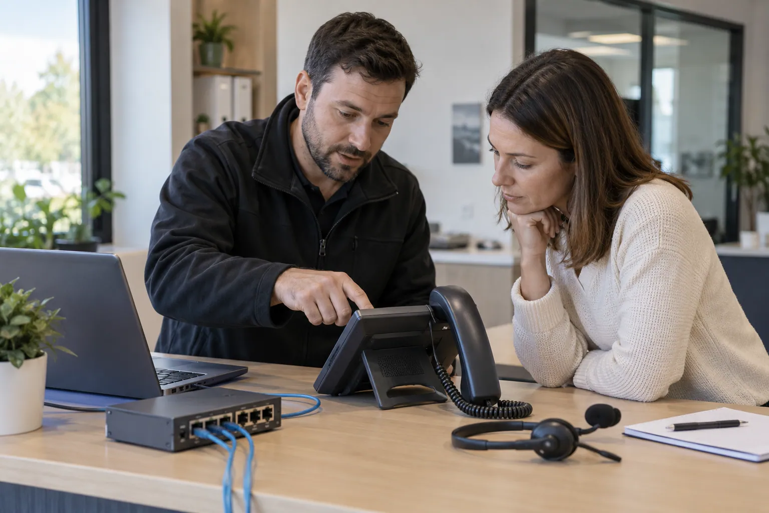 Illustration photoréaliste : technicien et collaboratrice examinant un téléphone IP et sa connexion réseau