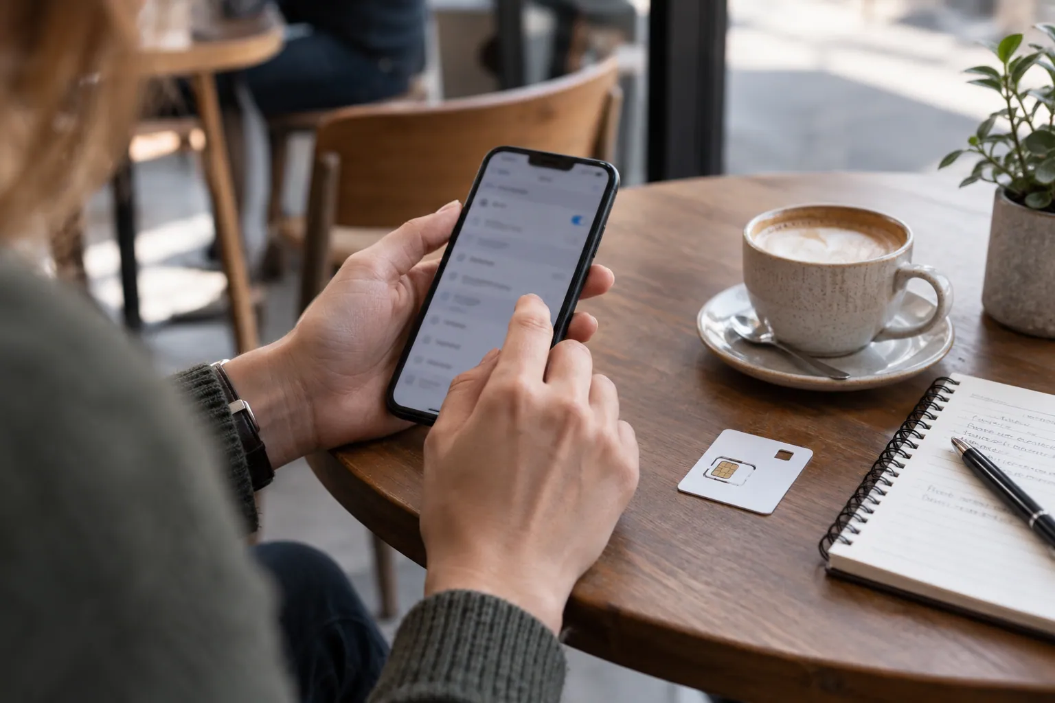 Illustration photoréaliste : personne vérifiant les réglages de connexion d’un smartphone