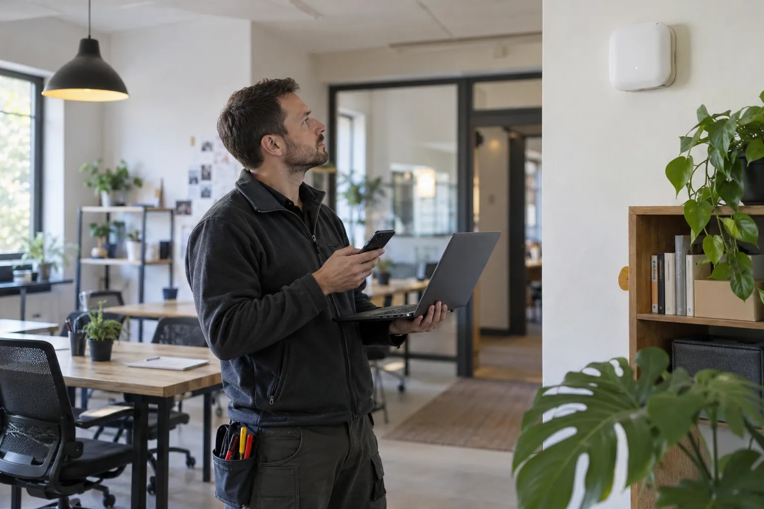 Illustration photoréaliste : technicien vérifiant un point d’accès Wi-Fi avec un ordinateur et un smartphone