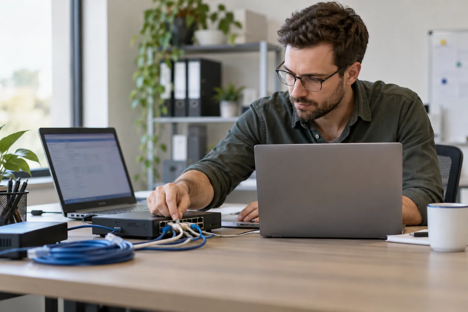 Illustration photoréaliste : technicien examinant deux ordinateurs et un petit commutateur Ethernet