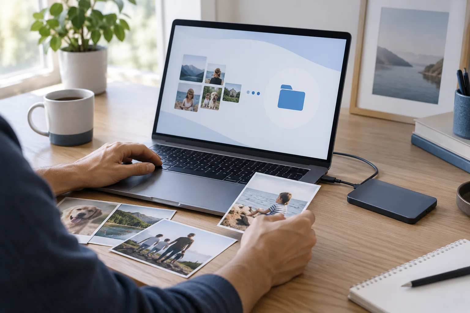 Personne sauvegardant des photos avec un disque externe