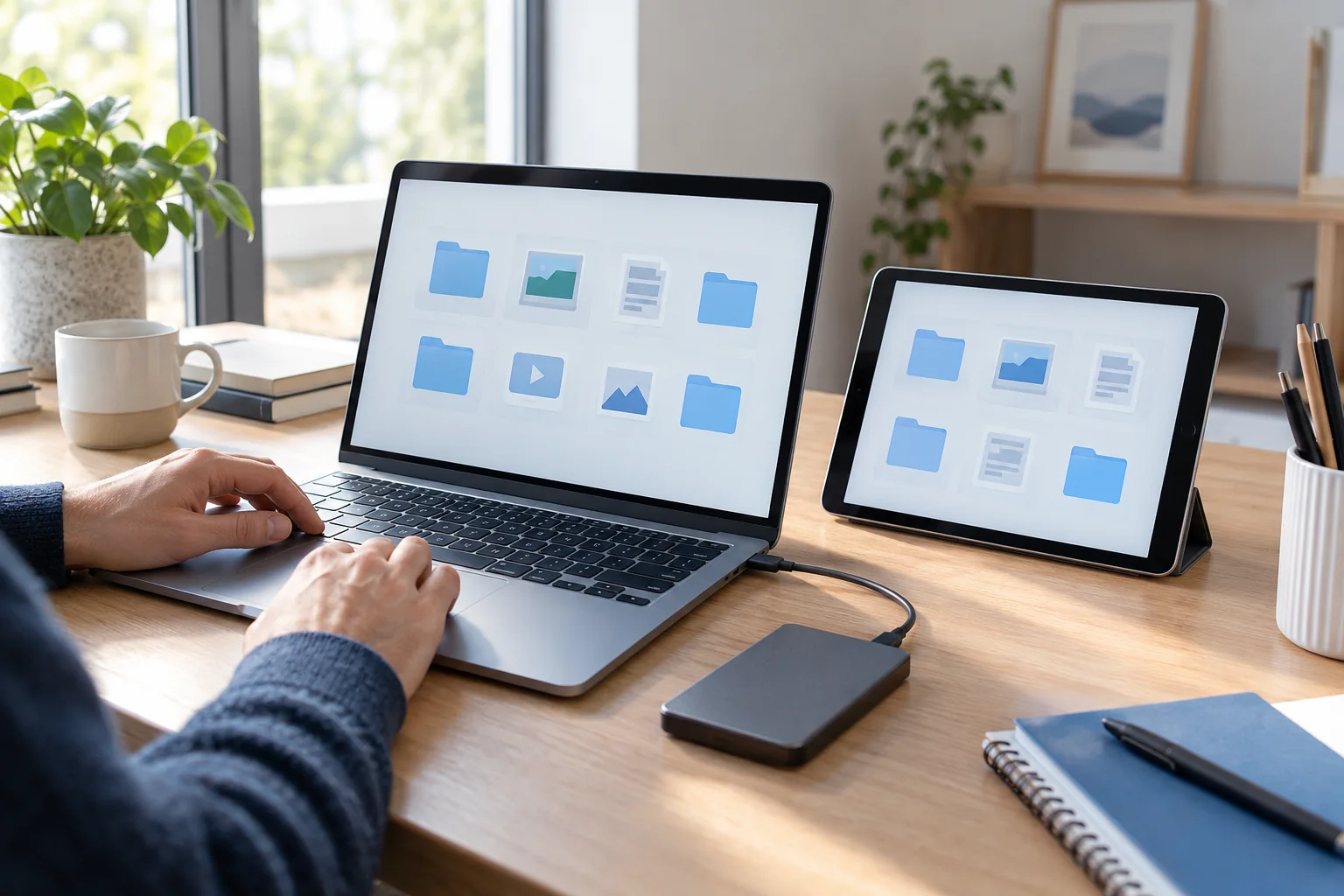 Ordinateur, tablette et disque externe sur un bureau