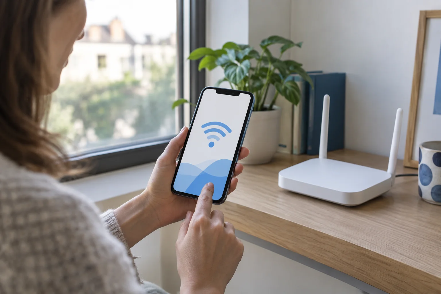 Personne utilisant son smartphone près d’une box Wi-Fi