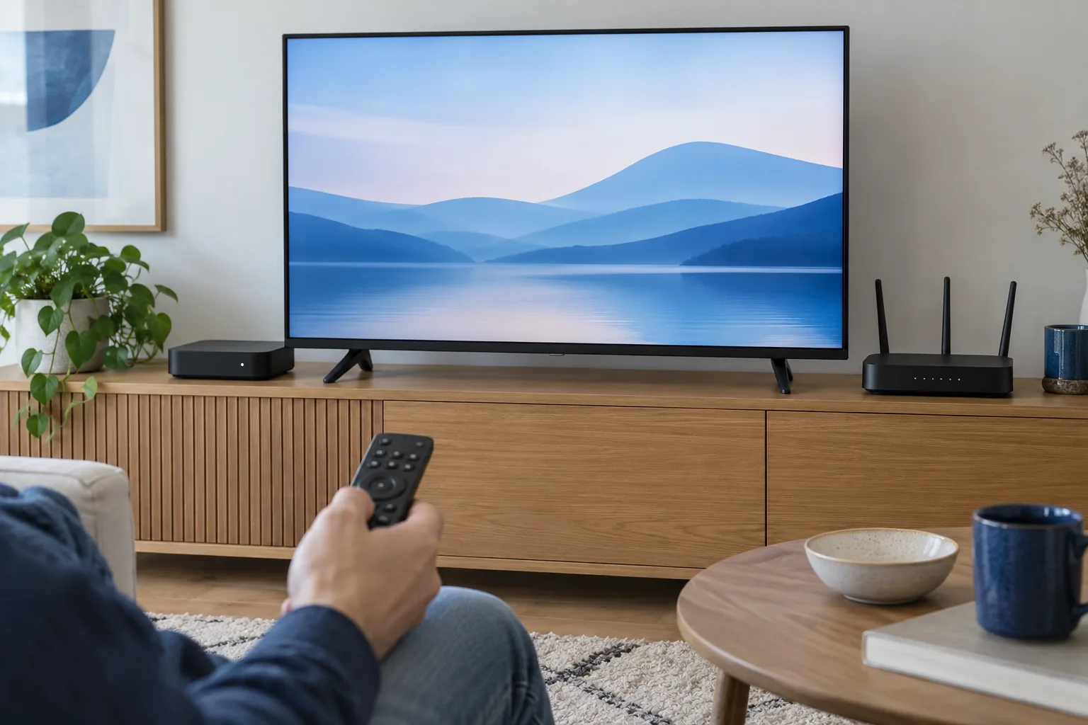 Télévision, décodeur et box Internet dans un salon