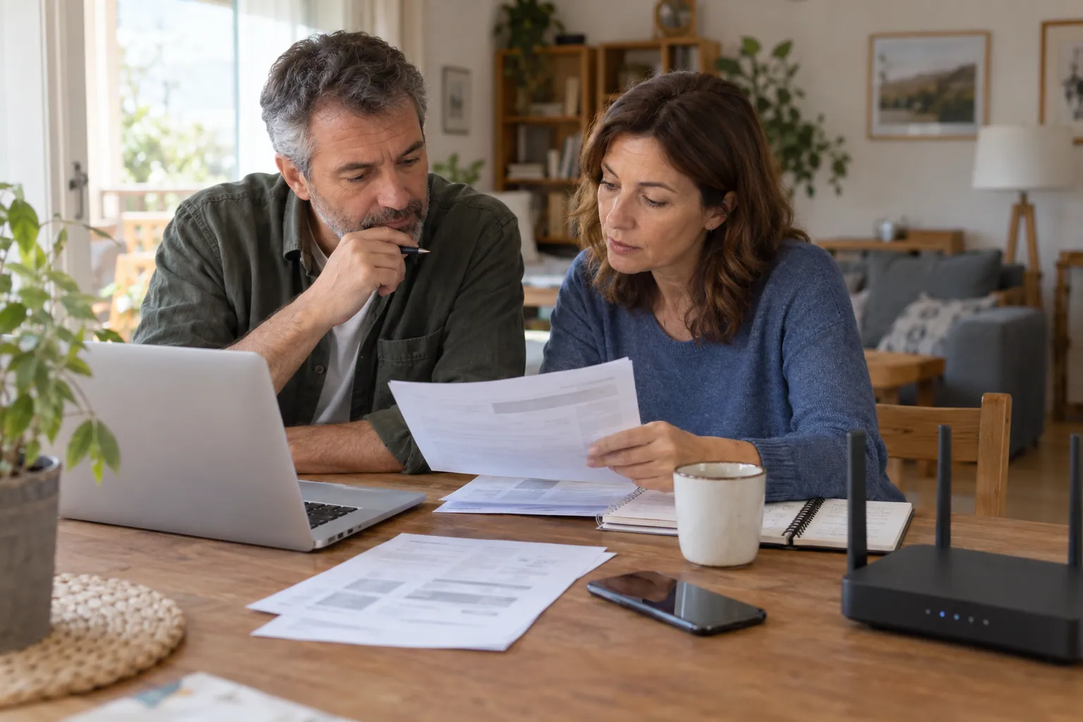 Illustration photoréaliste : couple lisant les documents d’une offre Internet près d’un ordinateur et d’une box