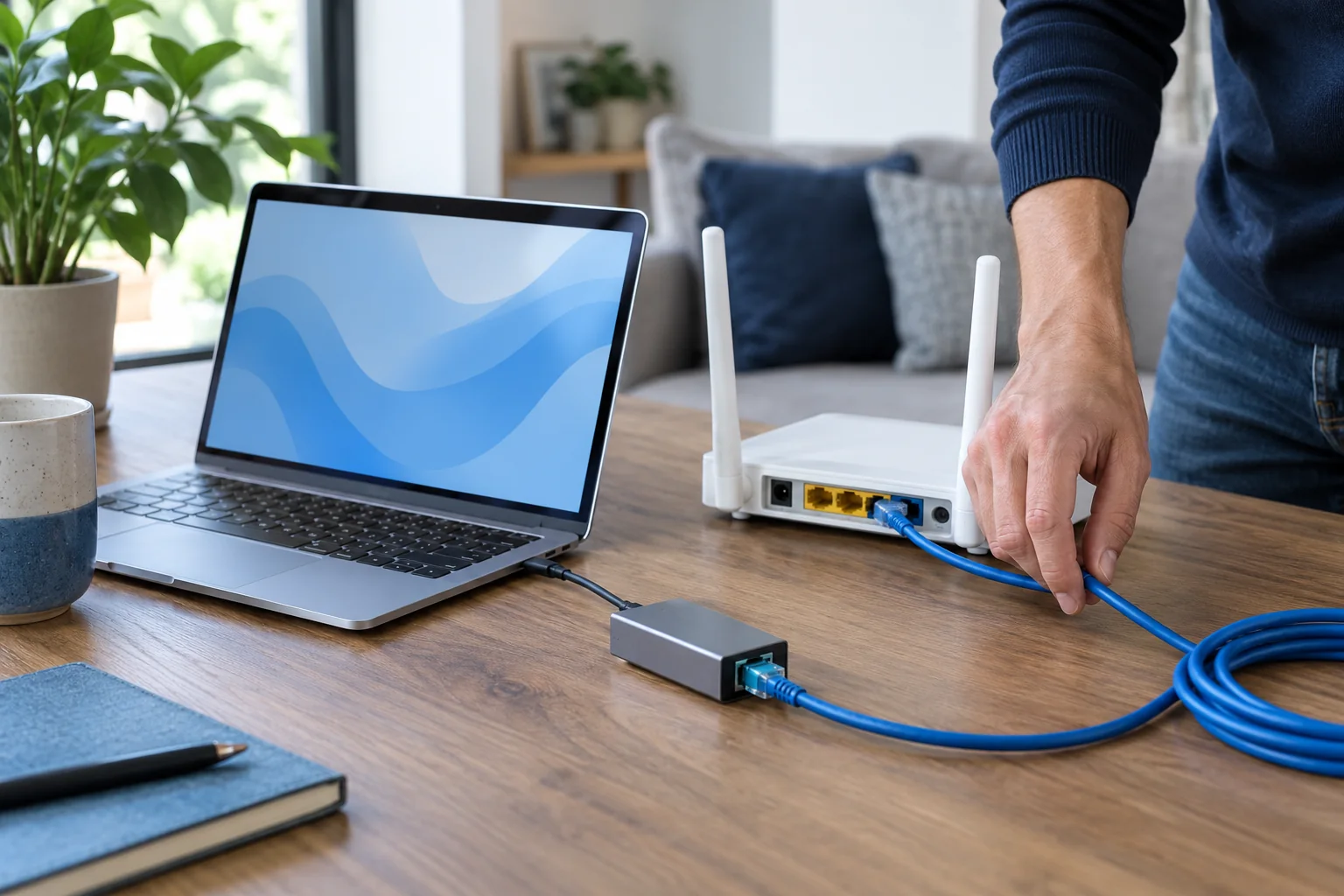 Personne vérifiant la connexion d’un ordinateur et d’un routeur