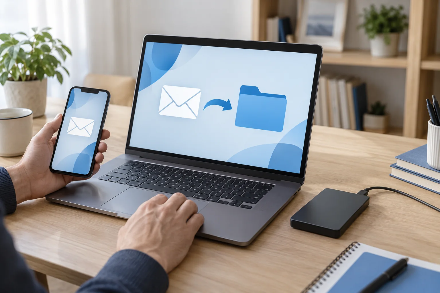 Ordinateur, smartphone et disque externe pour la messagerie