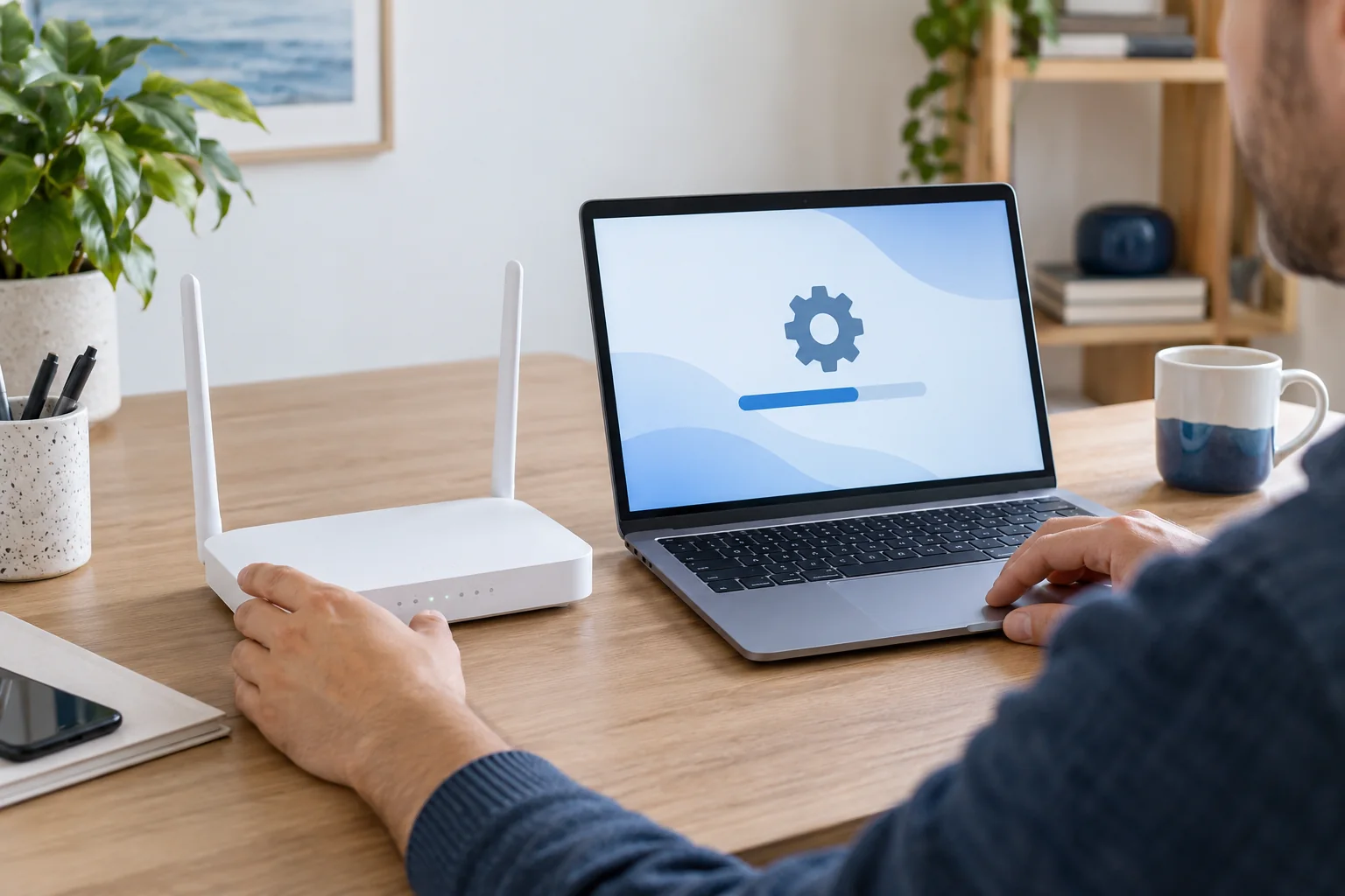 Personne vérifiant une box Wi-Fi près d’un ordinateur