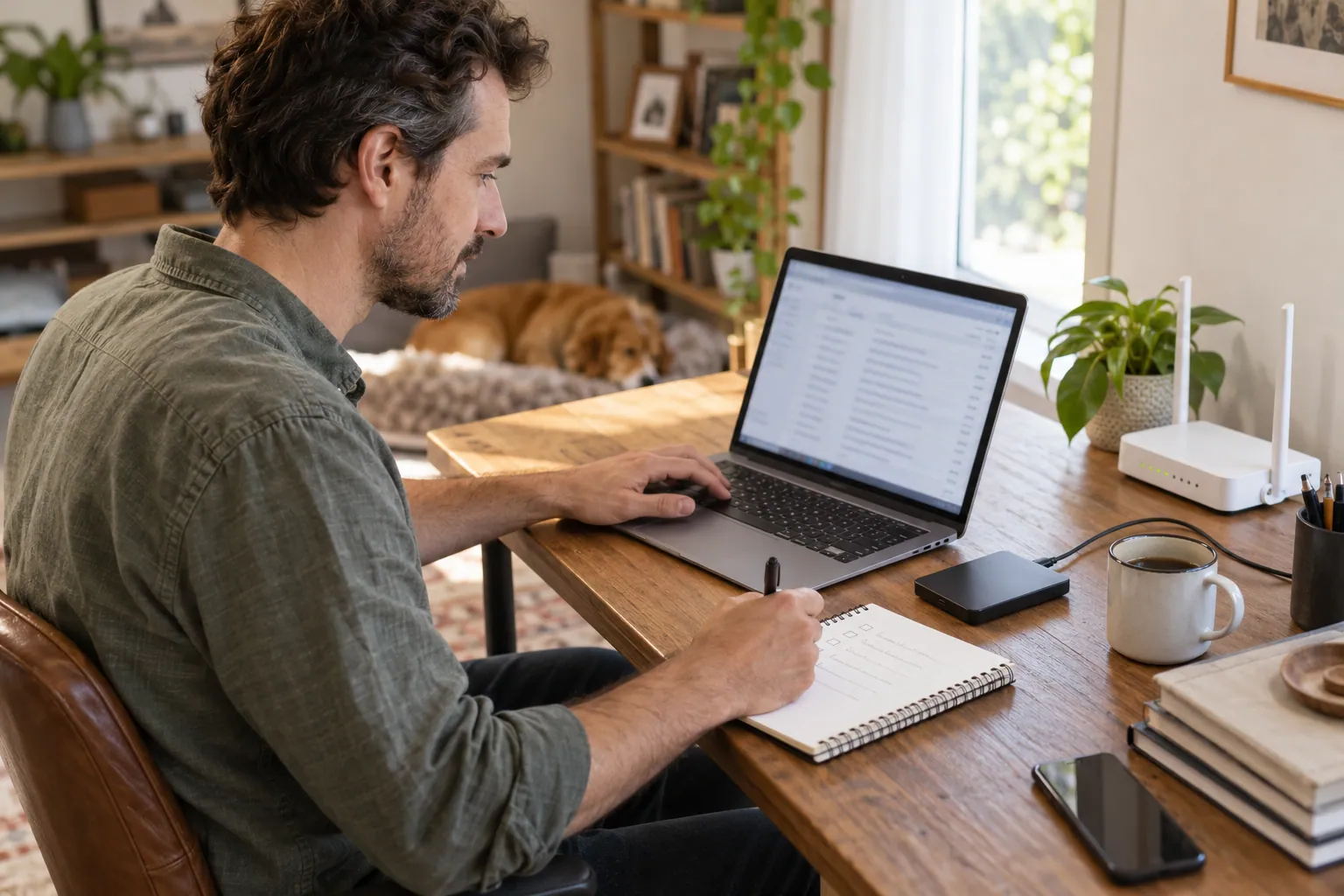 Illustration photoréaliste : personne organisant ses messages sur ordinateur avec un carnet et un disque externe