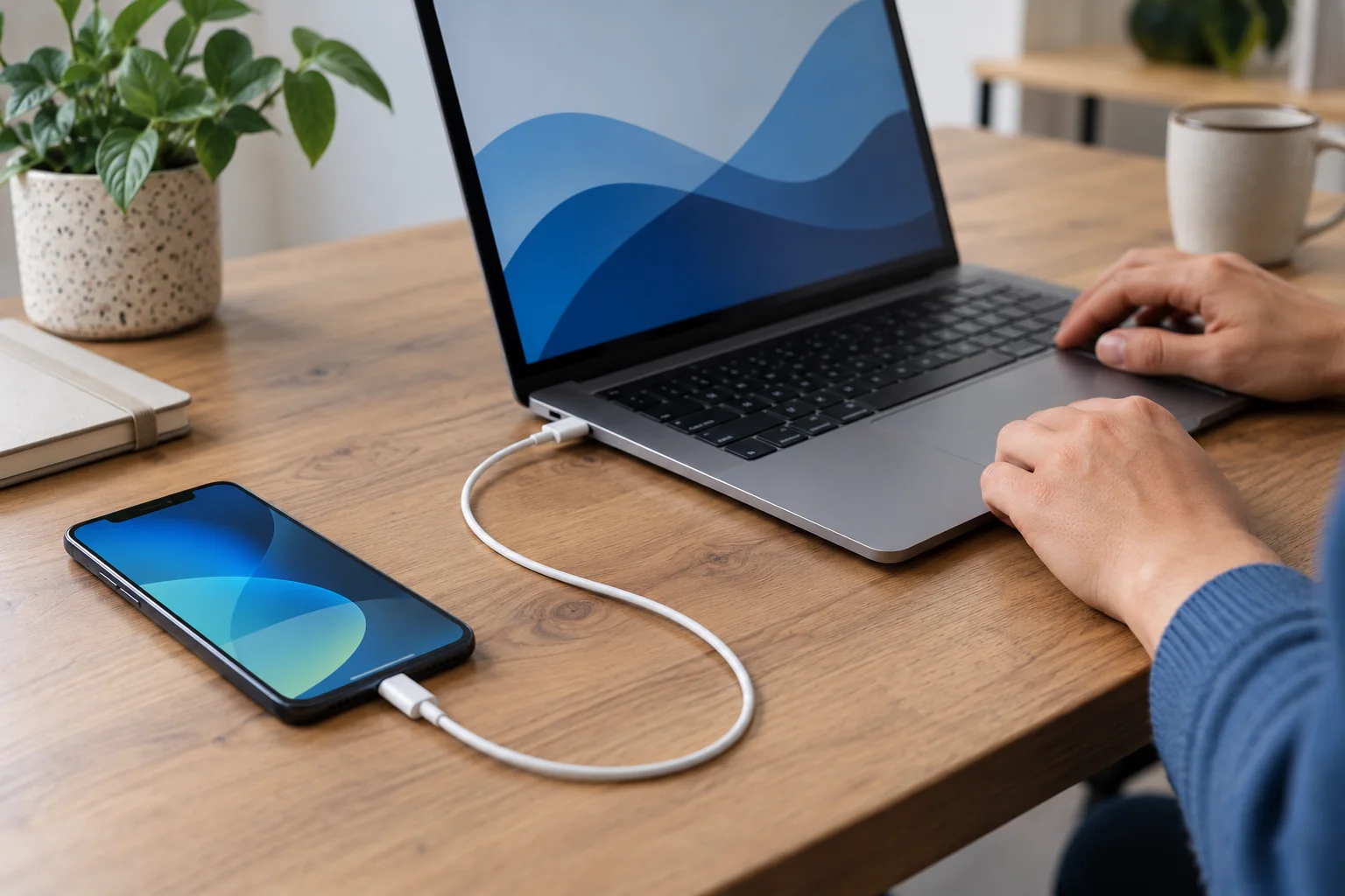 Smartphone raccordé par USB à un ordinateur portable